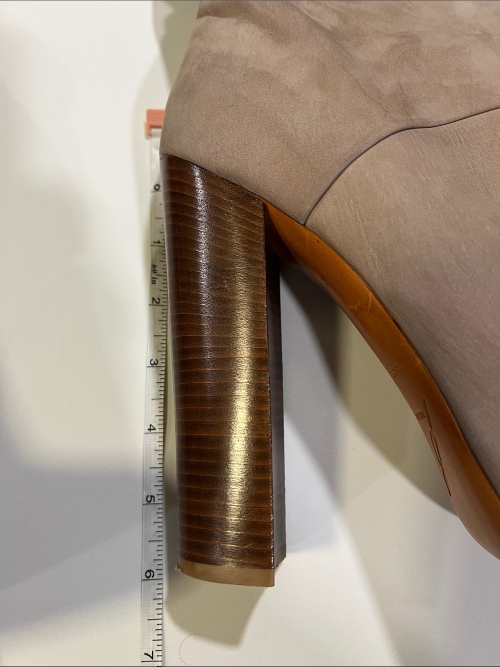 Brian Atwood - Taupe/Beige Suede High Shaft Platform Boots, Chunky, Heeled - Picture 5 of 12